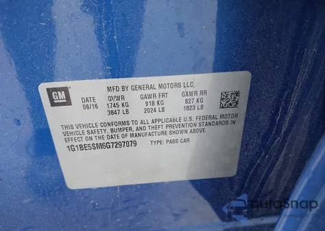 2016 Chevrolet Cruze Lt из США, поврежденный, VIN 1G1BE5SM6G7297079